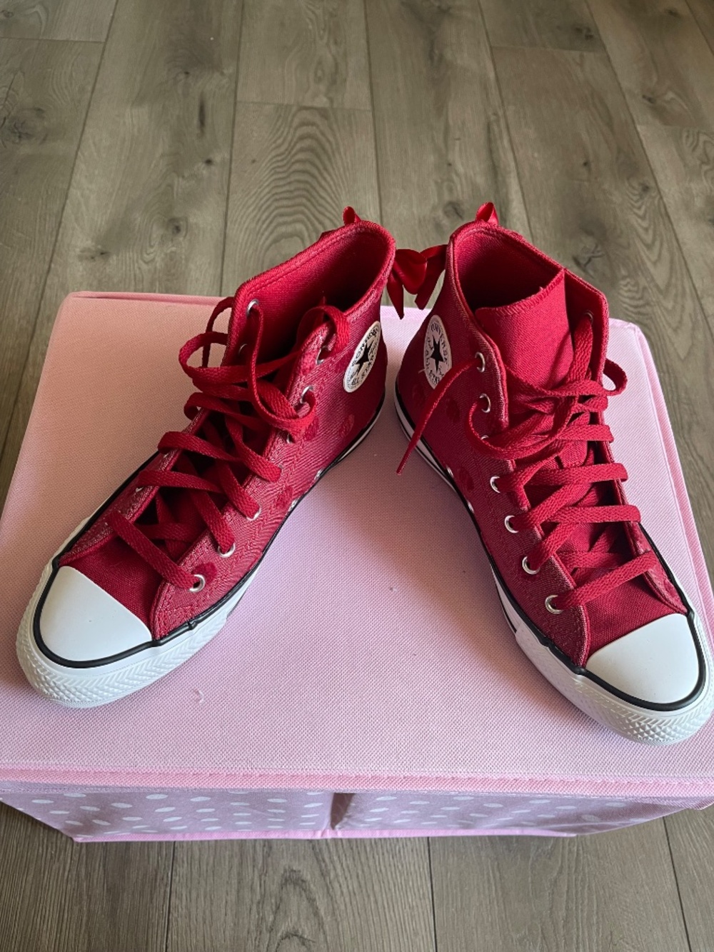 Cranberry Red Converse High tops with polka dots & bows - Picture 2 of 7